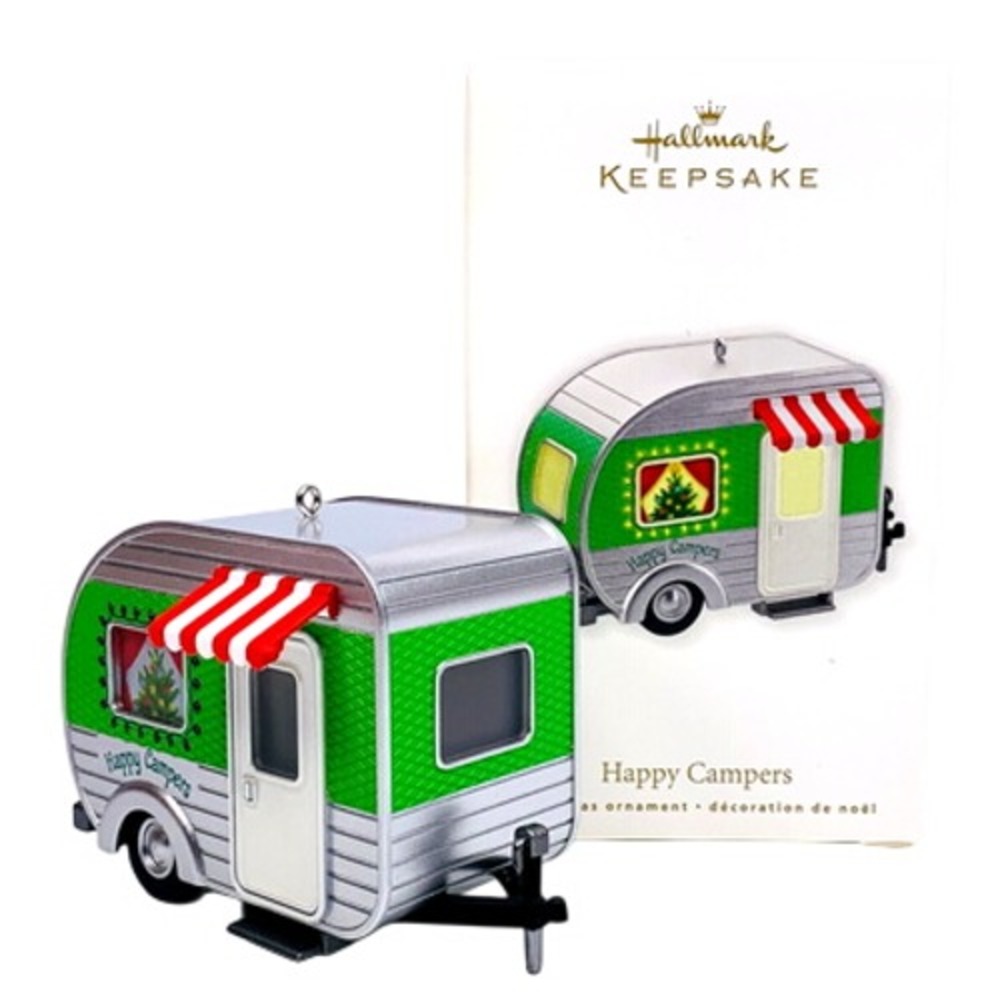 Hallmark HAPPY CAMPERS 2010 Keepsake Ornament Silver & Green Red Stripe Awning‎